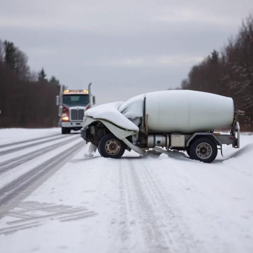 Scene of a tragic car crash involving a salt truck on a snowy road.