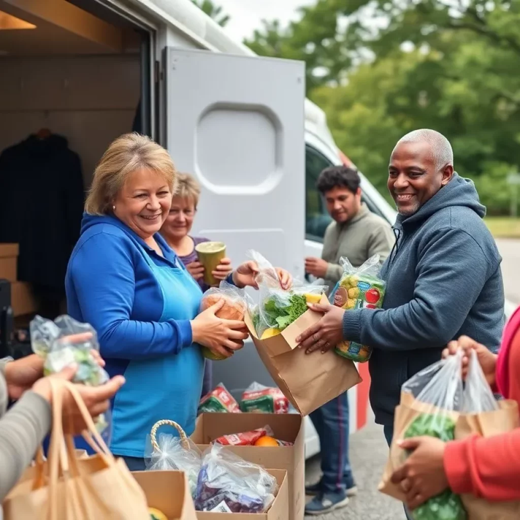 Volunteers providing food assistance at a mobile food drive in Johnson City.