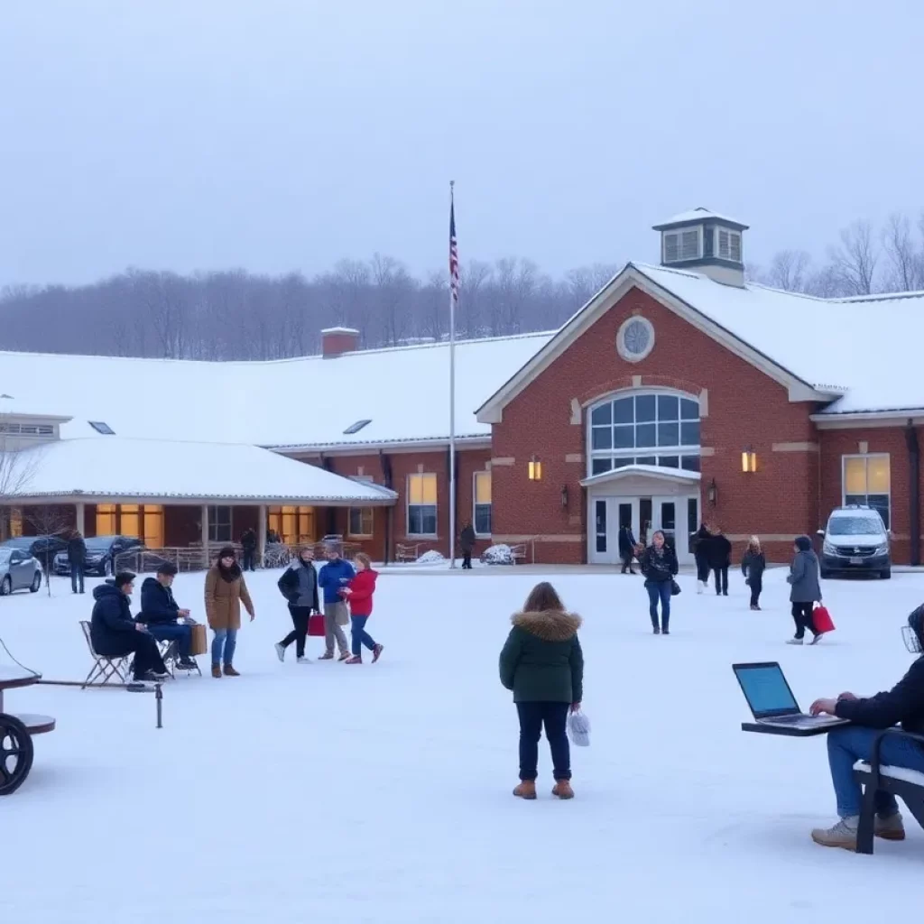 Snow-covered Sullivan County Schools with students learning online.