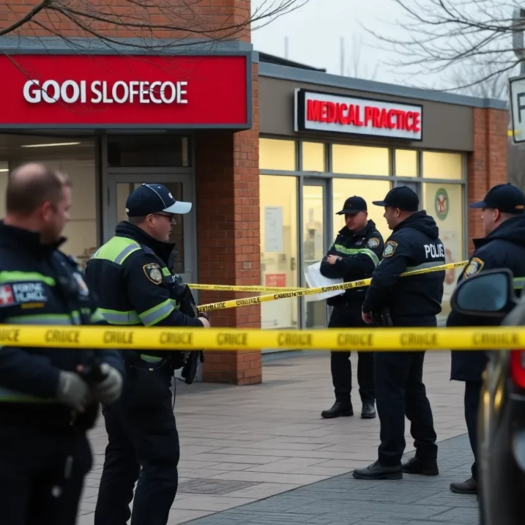 Police officers investigating a medical office for evidence related to criminal charges.