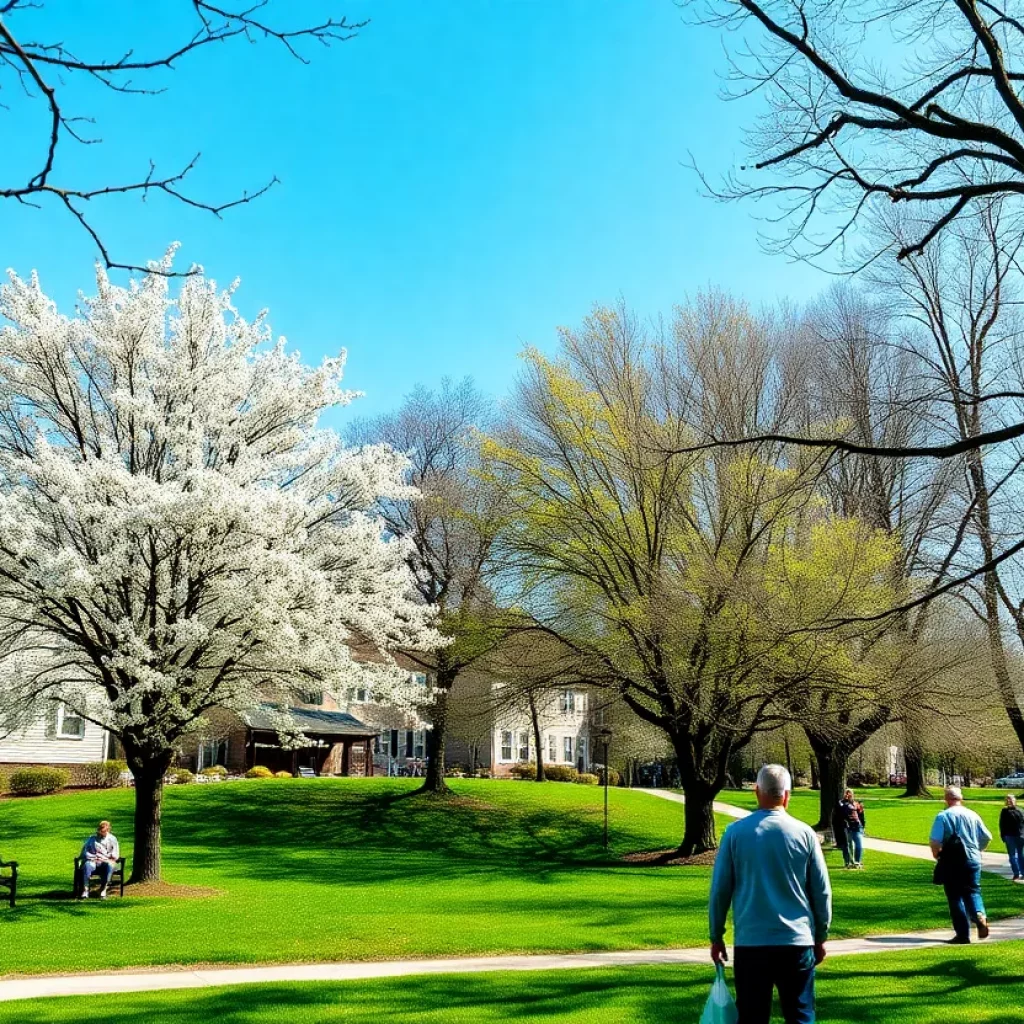 People enjoying a sunny day in Johnson City parks with trees and greenery.