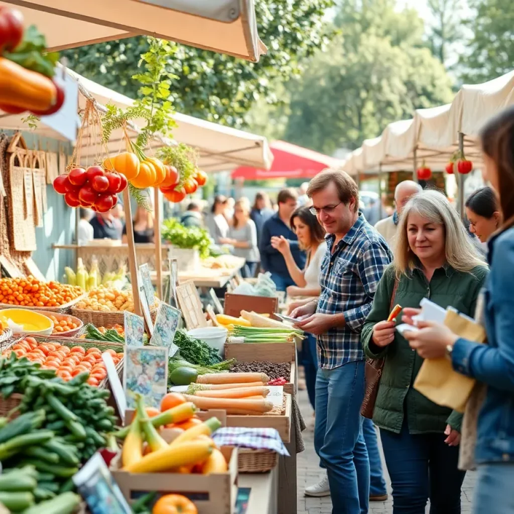 A lively scene of the Kingsport Farmers Market with vendors and shoppers.