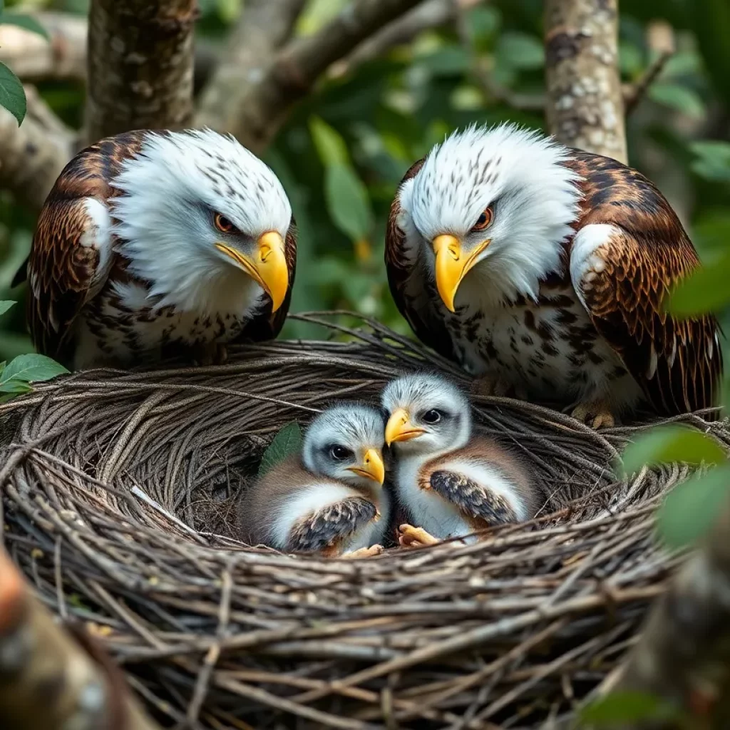 Two newly hatched eaglets in a nest with their parents