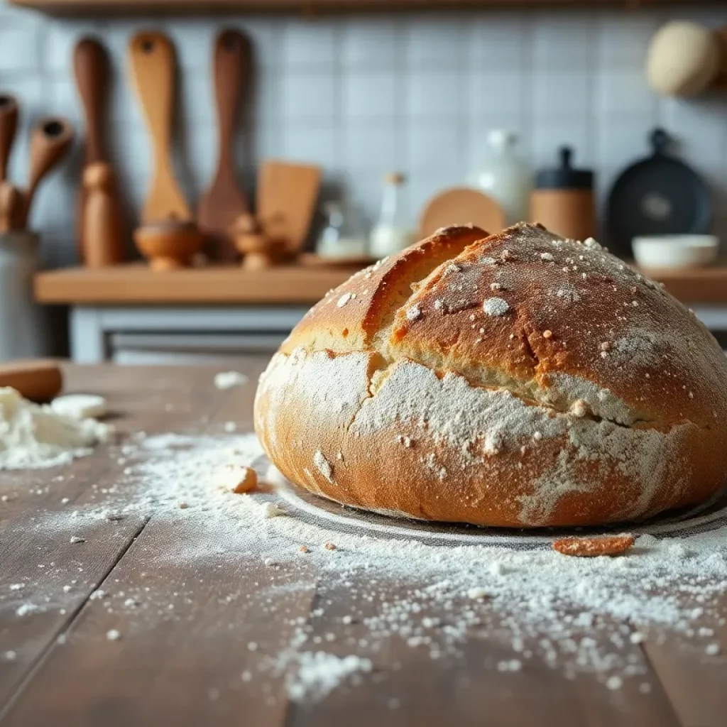 Freshly baked sourdough loaf on a kitchen table